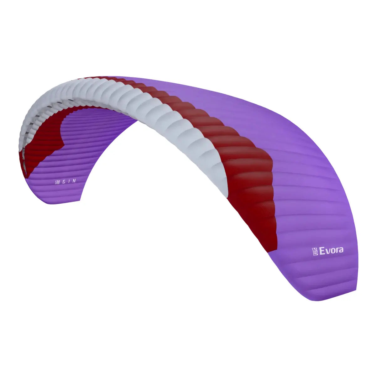 Gin Evora (Mid EN-B) Gleitschirm, seitliche Ansicht. Ideal für Thermik- und Streckenflüge, bietet Leistung und Kontrolle für engagierte Piloten.