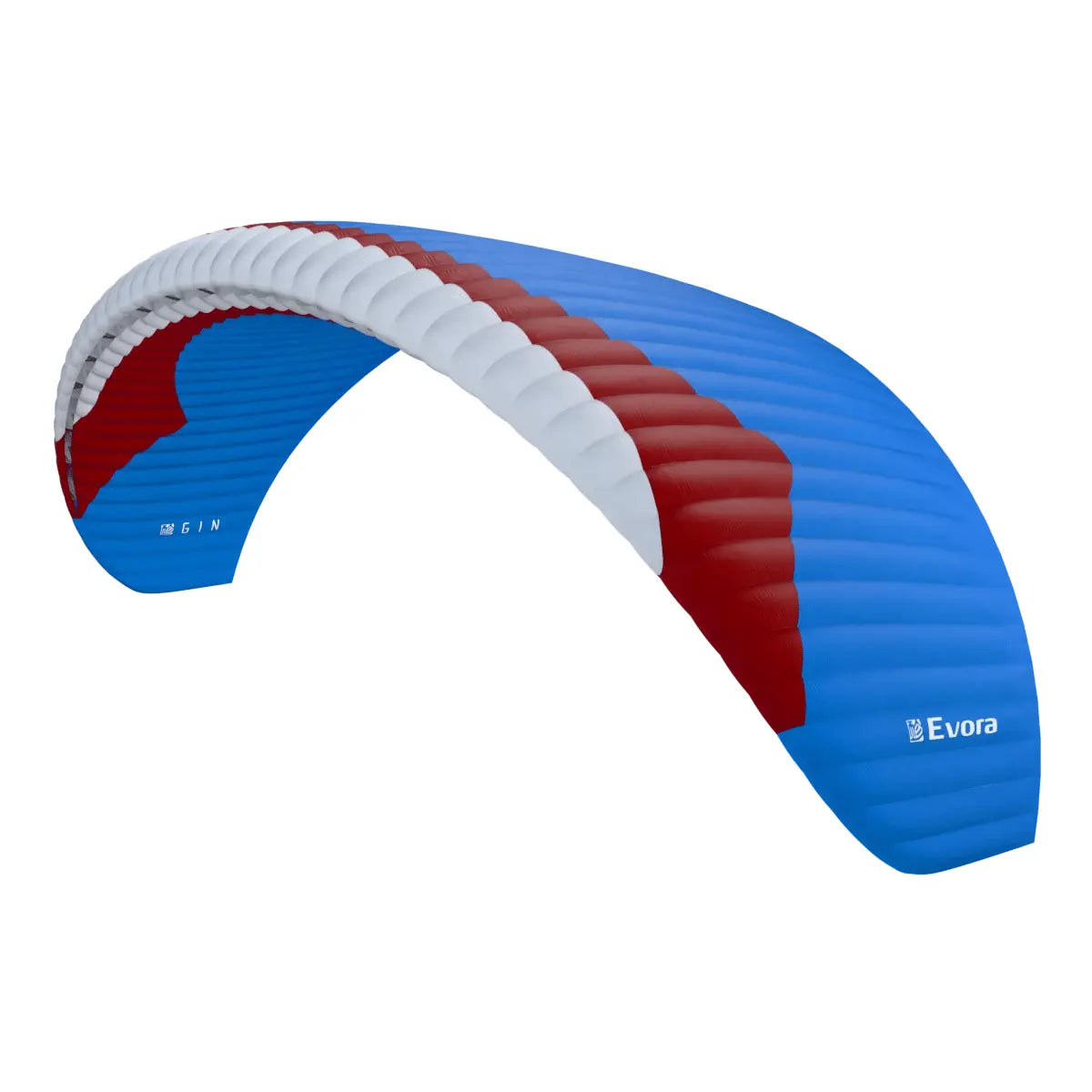 Gin Evora Gleitschirm (Mid EN-B) von Gin Gliders, aufgeblasen in typischem Design, ideal für Thermik und Streckenflug, geeignet für ambitionierte Gleitschirmpiloten.