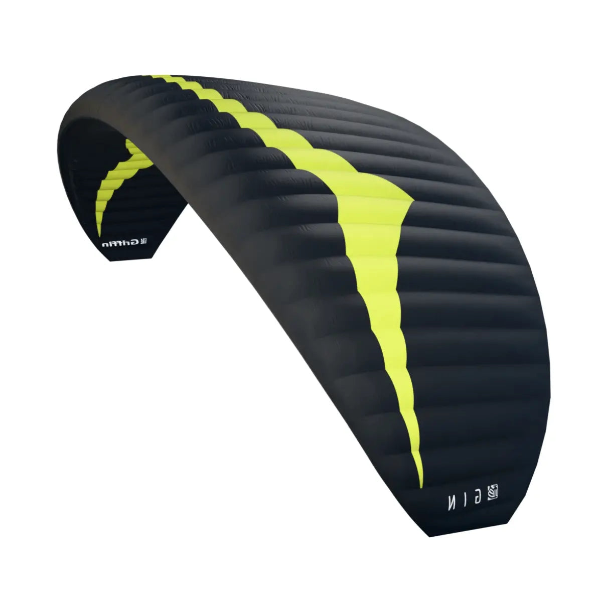 Gin Griffin (EN-C) – Leichter Mini Wing mit schwarzem, halbstarrem Design und gelbem Akzent, ideal für erfahrene Gleitschirmpiloten.