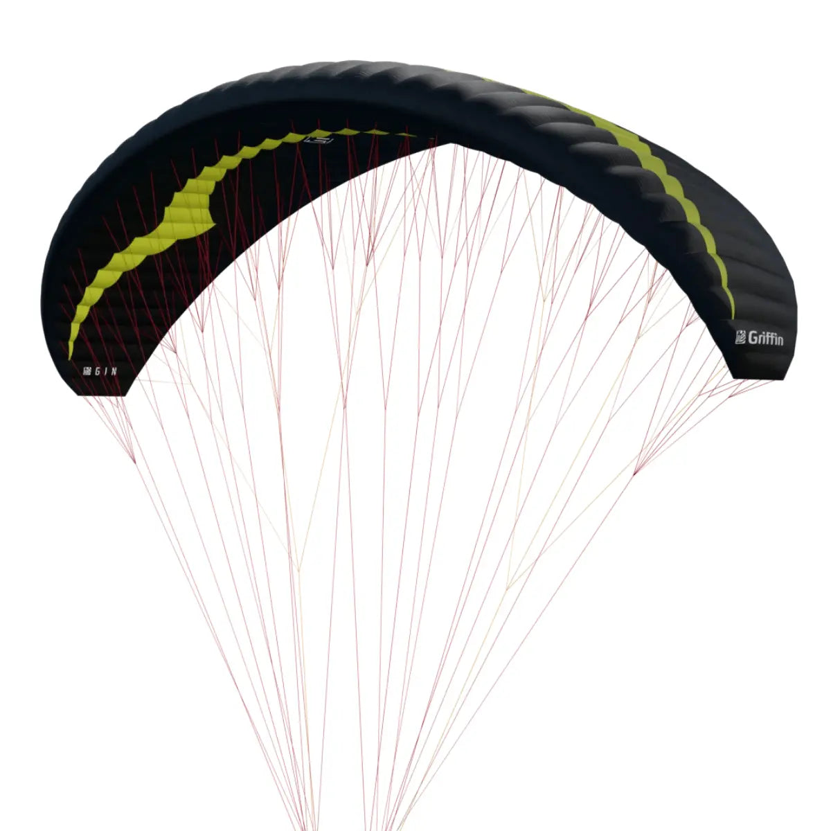 Gin Griffin (EN-C) – Leichter Mini Wing mit schwarzem, halbstarrem Design und gelbem Akzent, ideal für erfahrene Gleitschirmpiloten.