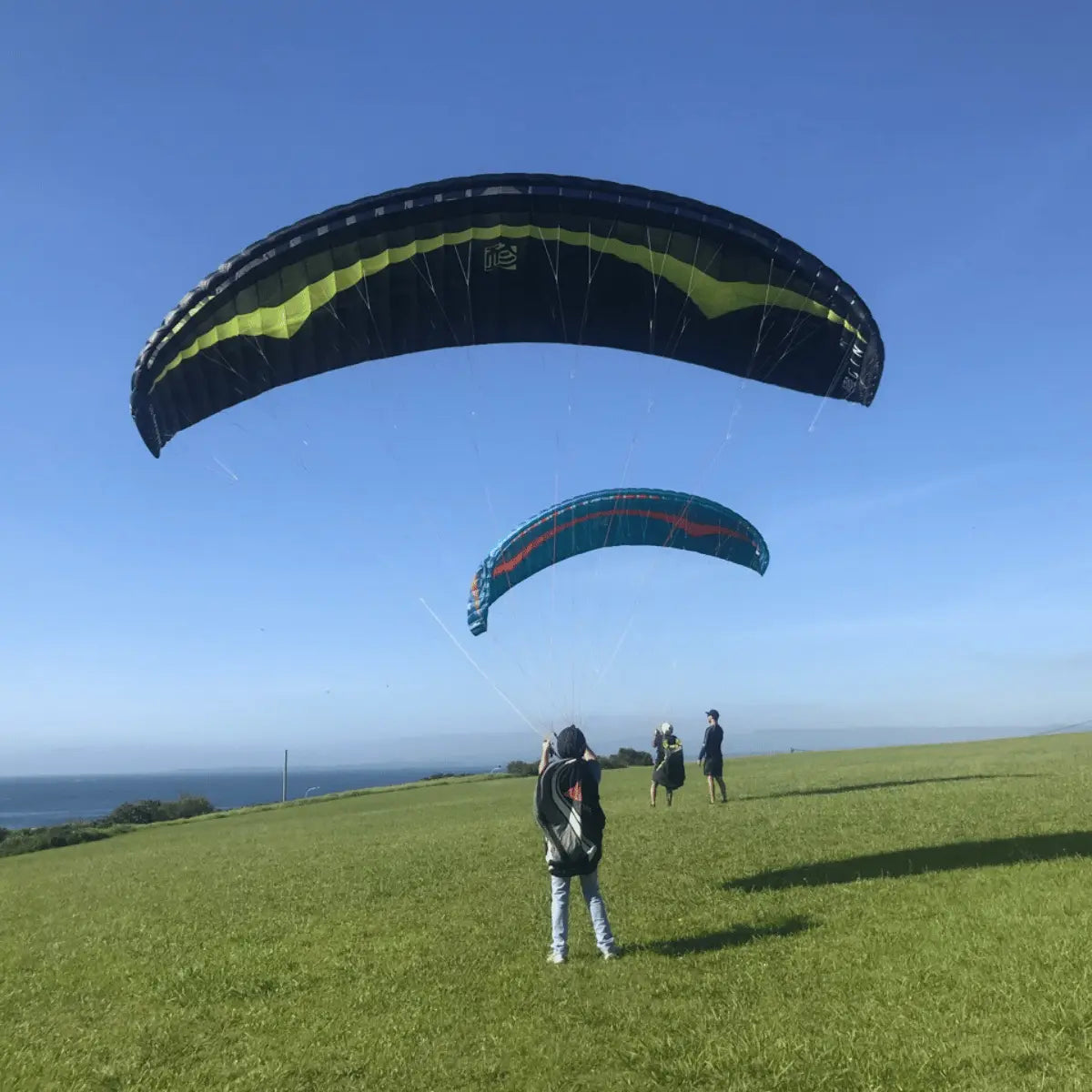 Drei Gleitschirmflieger mit Gin Griffin (EN-C) Mini Wings bereiten sich auf dem grünen Feld bei klarem Himmel auf den Start vor.