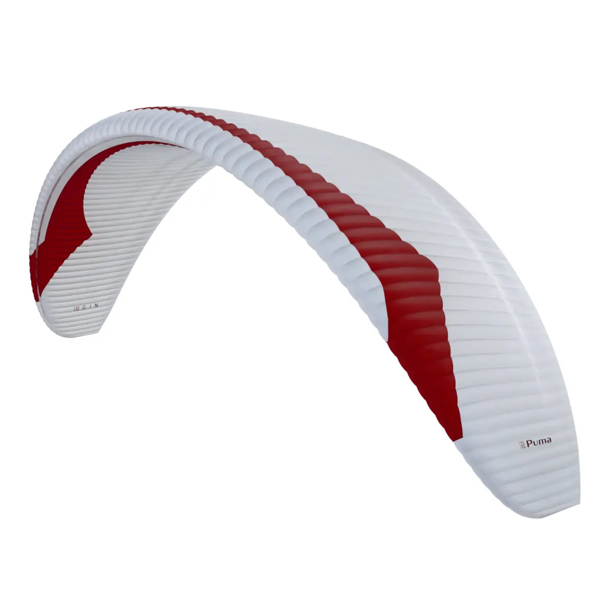 Gin Puma Light (EN-D) Gleitschirm, weiß-rot, mit sichtbarem Ram-Air Profil und Modellname. Entwickelt für erfahrene Piloten, bietet hohe Leistung und geringes Gewicht.