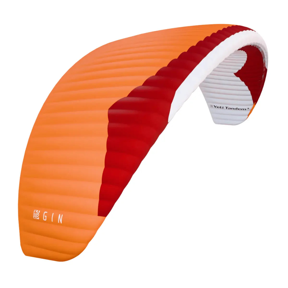 Gin Yeti Tandem 3 (EN-A) Gleitschirm mit GIN-Logo, ideal für sicheres Hike & Fly, ultraleicht, geeignet für Bergtouren und Flugschulen.