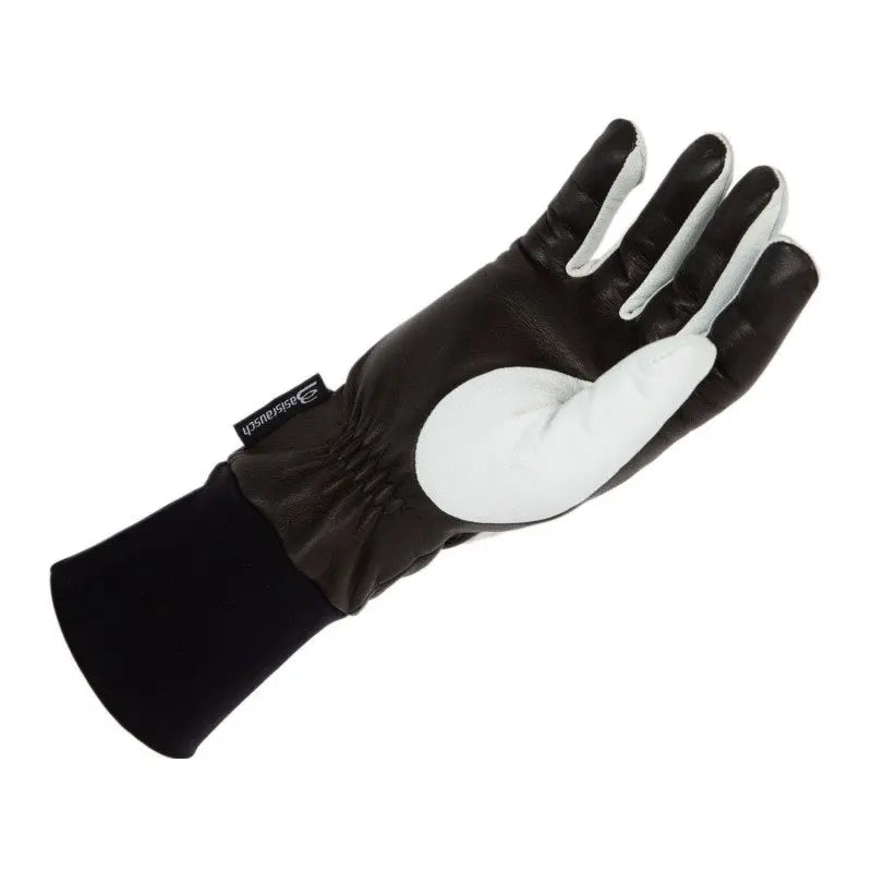 Basisrausch Kristall Flex Gleitschirmhandschuh, schwarz-weiß, aus robustem Hirsch- und Ziegenleder mit flexiblem Design und Logo-Detail, ideal für Frühling/Sommer.