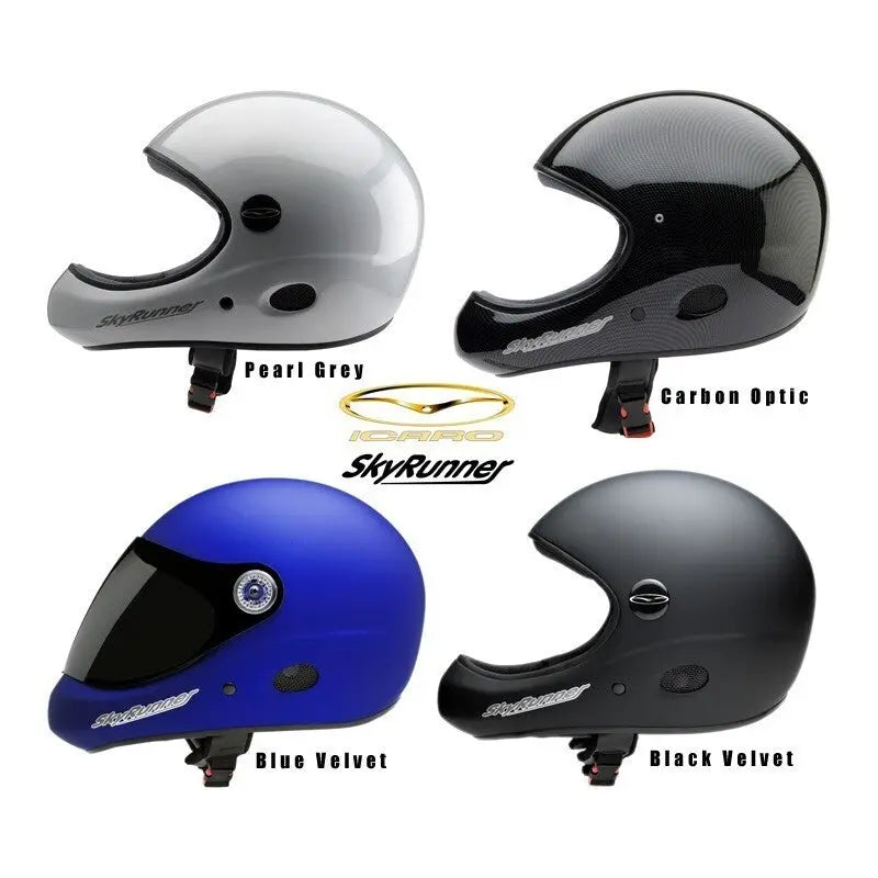 Icaro SkyRunner IC2 - Flughelm mit Kevlar-Karbon-Schale und Stoßabsorptionssystem, ideal für Gleitschirmsport, zeigt schwarze und blaue Helme mit Visieroptionen.