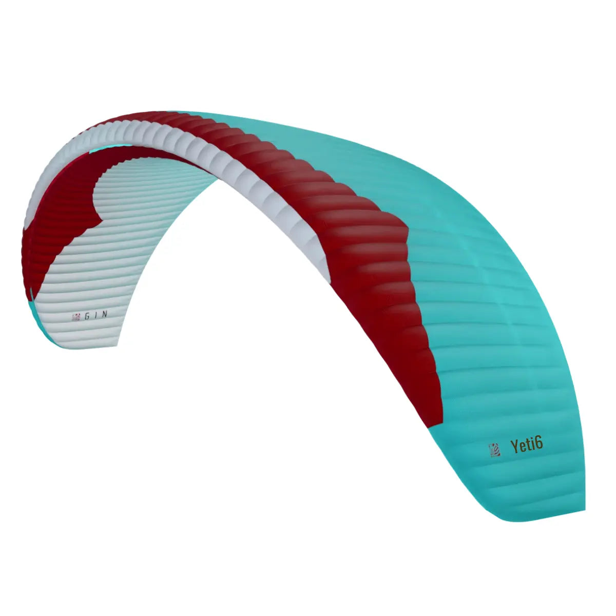 Gin Yeti 6 Hike & Fly (EN-A) Gleitschirm, leicht und stabil, ideal für Einsteiger und Hike & Fly, gezeigt in dynamischem Design.