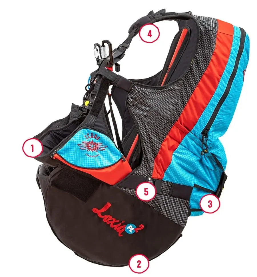 Icaro Loxia 2 Tandem Gurtzeug Pilot, ein kompaktes Paragliding-Gurtzeug mit innovativen Beinschlaufen und Sitzbrett, optimiert für Tandemflüge.