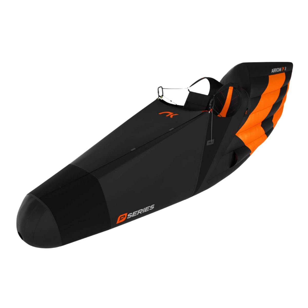 Gleitschirm Gurtzeug Kollektionsbild für den Shop Paragliding24. Zeigt das  Niviuk Liegegurtzeug Arrow P 2 in den Farben Schwarz mit Orangen Details