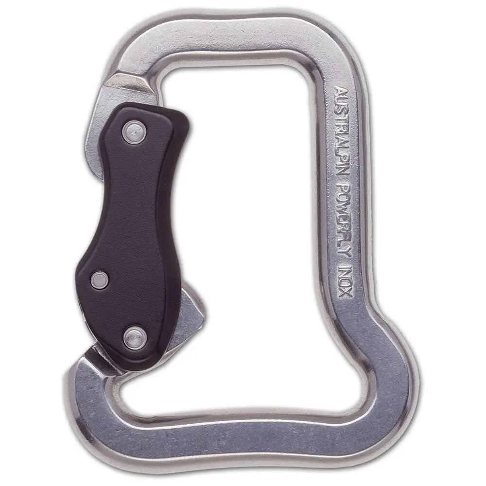 AustriAlpin Powerfly Gleitschirm Karabiner, Nahaufnahme: robuster Stahlkarabiner mit Automatikverschluss, ideal für Gleitschirmfliegen, leicht bedienbar und langlebig, passend für 45 mm Bandschlaufen.