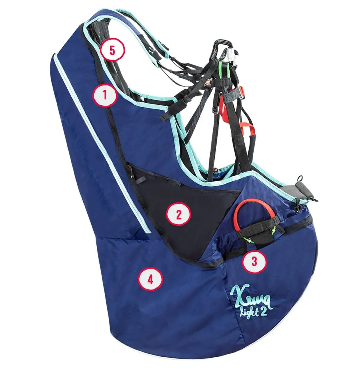 Icaro Xema Light 2 Wendegurtzeug mit integriertem Rettungsschirmcontainer und Hochleistungsairbag, ideal für Hike & Fly Abenteuer.