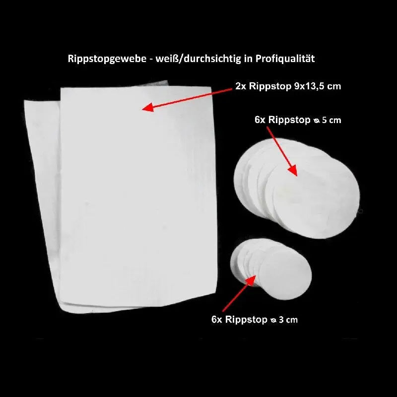 Safe my Flight - Gleitschirm Repair Kit mit weißen Papierstücken und roten Pfeilen, ideal für Paragliding-Reparaturen vor Ort.