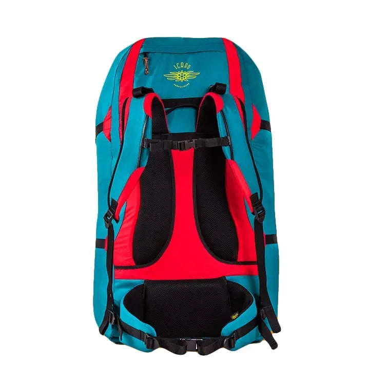 Icaro Rucksack - Comfort Bag, blauer und roter Gleitschirmrucksack mit verstellbarem Brustgurt und gepolsterten Schultergurten für optimalen Tragekomfort.