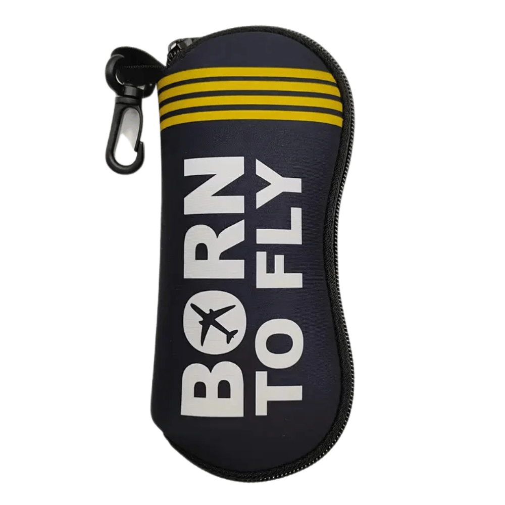 Sonnenbrillen Schutzhülle - Born to Fly! zeigt robustes Design mit sicherem Reißverschluss und Karabiner, ideal für Gleitschirmflieger. Perfekter Schutz für sportliche Abenteuer.