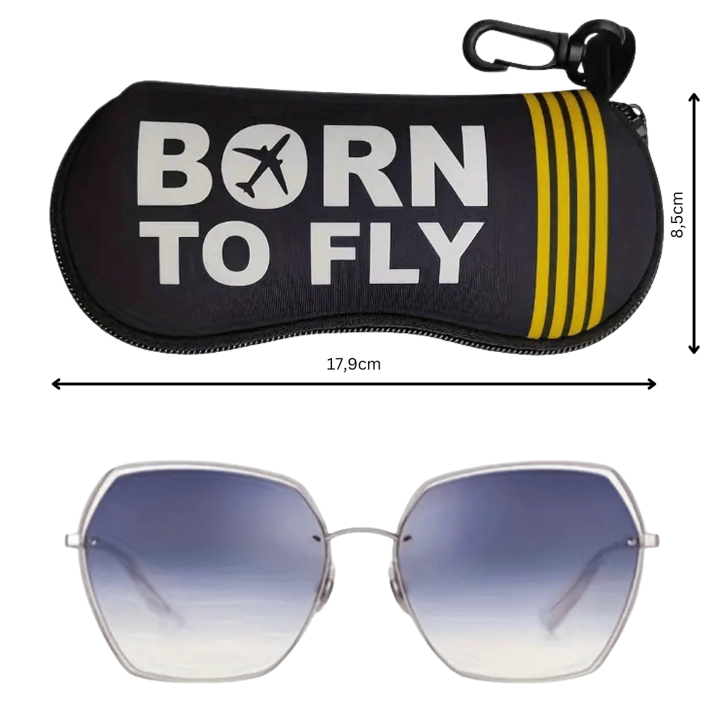 Sonnenbrillen Schutzhülle - Born to Fly! zeigt robustes Design mit sicherem Reißverschluss und Karabiner, ideal für Gleitschirmflieger. Perfekter Schutz für sportliche Abenteuer.