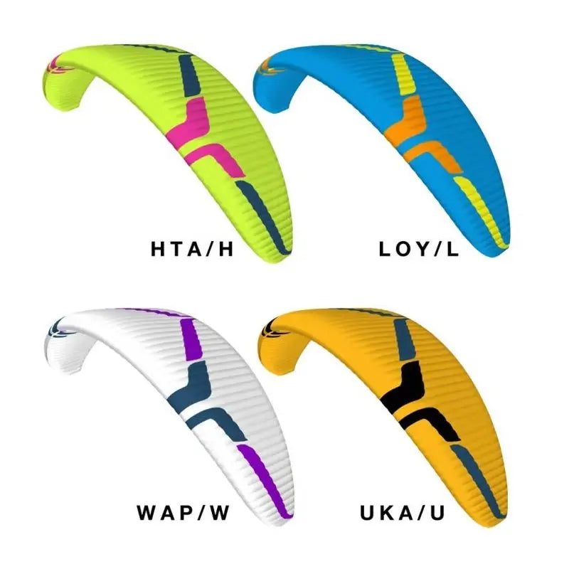 Ozone Swift 6 (High EN-B) Gleitschirm, leicht und agil, ideal für erfahrene Piloten. Mehrere bunte Schirme im Hintergrund, hervorgehoben für hohe Leistung.