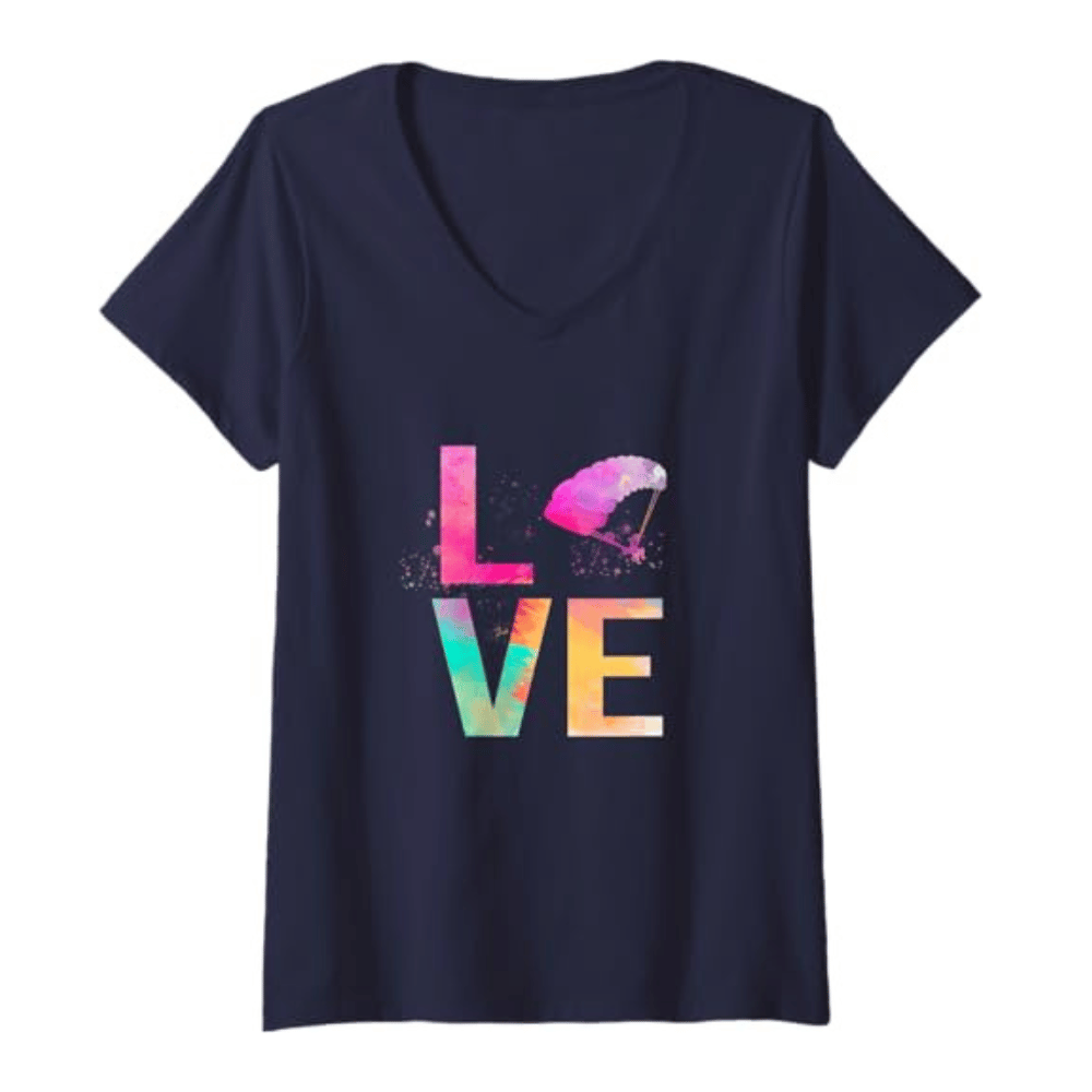 Paragliding T-Shirt Love V-Neck Damen mit buntem Paraglider-Design, ideal für Gleitschirmfliegerinnen. Perfekt für Sportlerinnen, die das Fliegen lieben.