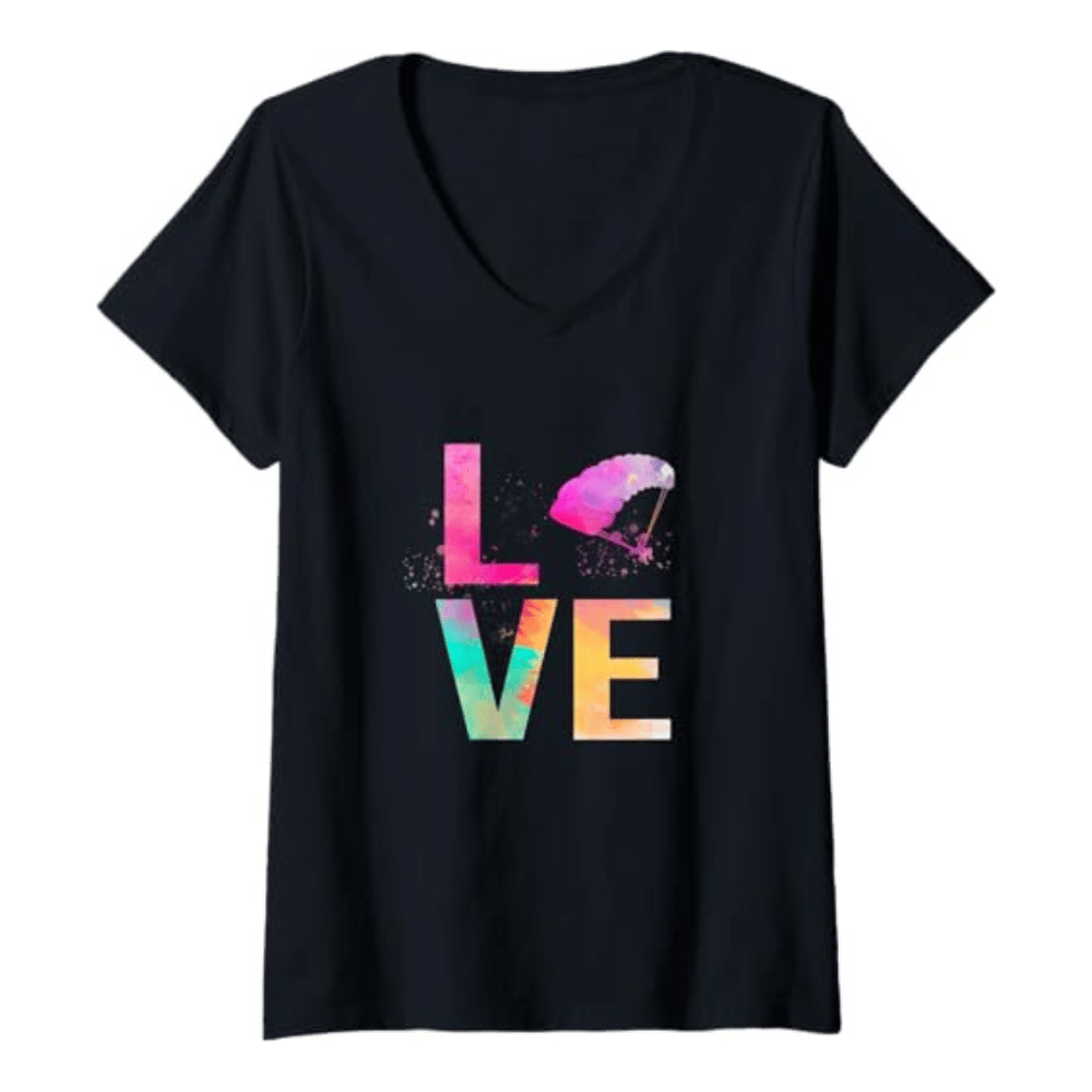 Paragliding T-Shirt Love V-Neck Damen, ideal für Gleitschirmfliegerinnen. Tabelle zeigt Größen und Nummern, passend für sportliche Frauen bei Paragliding24.ch.