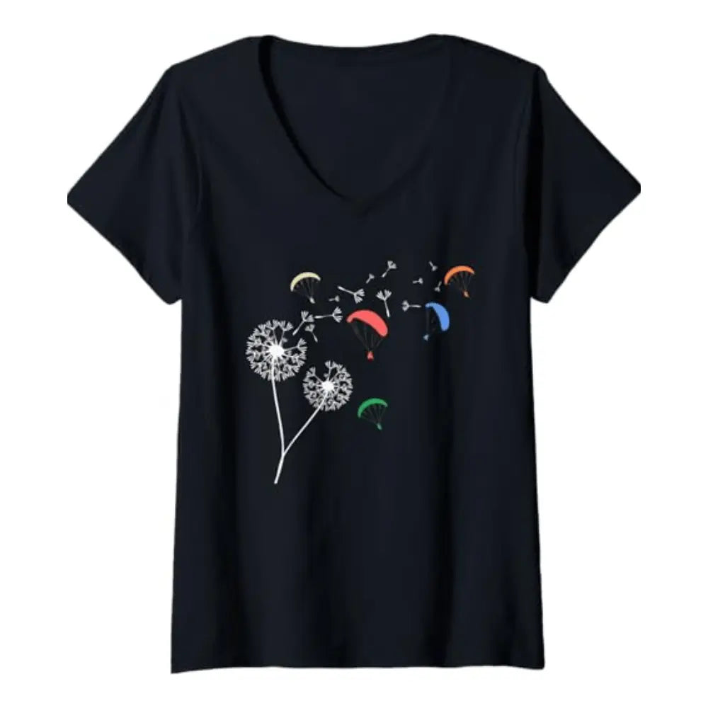 Paragliding T-Shirt Pusteblume V-Neck Damen mit grafischem Löwenzahn- und Fallschirmmotiv, ideal für Gleitschirmfliegerinnen, speziell geschnitten für Frauen.
