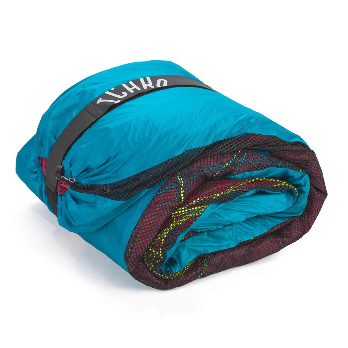 Icaro Tube Bag Light - Packsack, blauer Schlafsack mit schwarzem Gurt, ideal zum schonenden Verpacken von Gleitschirmen für Paragliding-Enthusiasten.