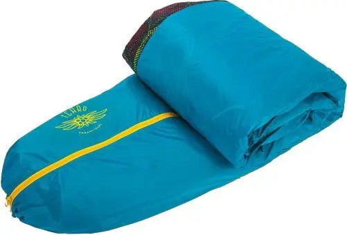Icaro Tube Bag Light - Packsack, blauer Schlafsack mit gelbem Streifen, ideal zum schonenden Verpacken von Gleitschirmen, mit Netzbelüftung und Kompressionsriemen.