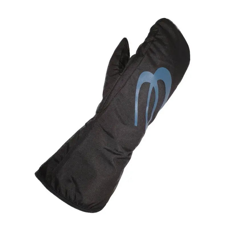 Basisrausch Onyx NG 4S Überzieher: schwarze Überziehhandschuhe mit blauem Logo, bieten exzellenten Tragkomfort und Schutz vor Kälte und Wind, ideal für Paragleiter.