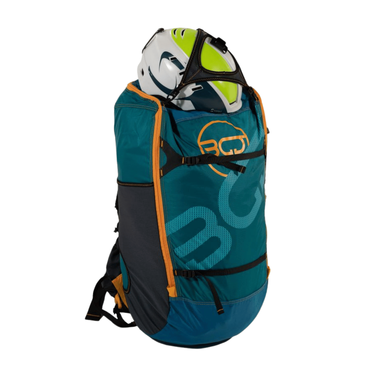 Tiefer blauer und grüner Gleitschirm-Rucksack mit orangenen Reißverschlüssen, der einen weißen und gelben Helm sowie Gleitschirmzubehör sicher verstaut.