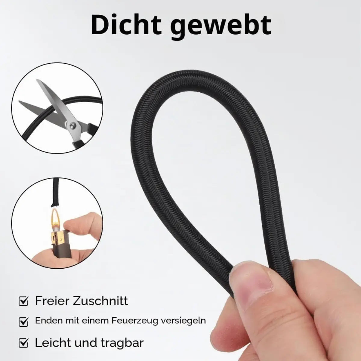 Schwarzes, dicht gewebtes Gummiband für Gurtzeug, das mit einer Schere geschnitten und mit einem Feuerzeug versiegelt wird, um einfaches Zuschneiden zu zeigen.