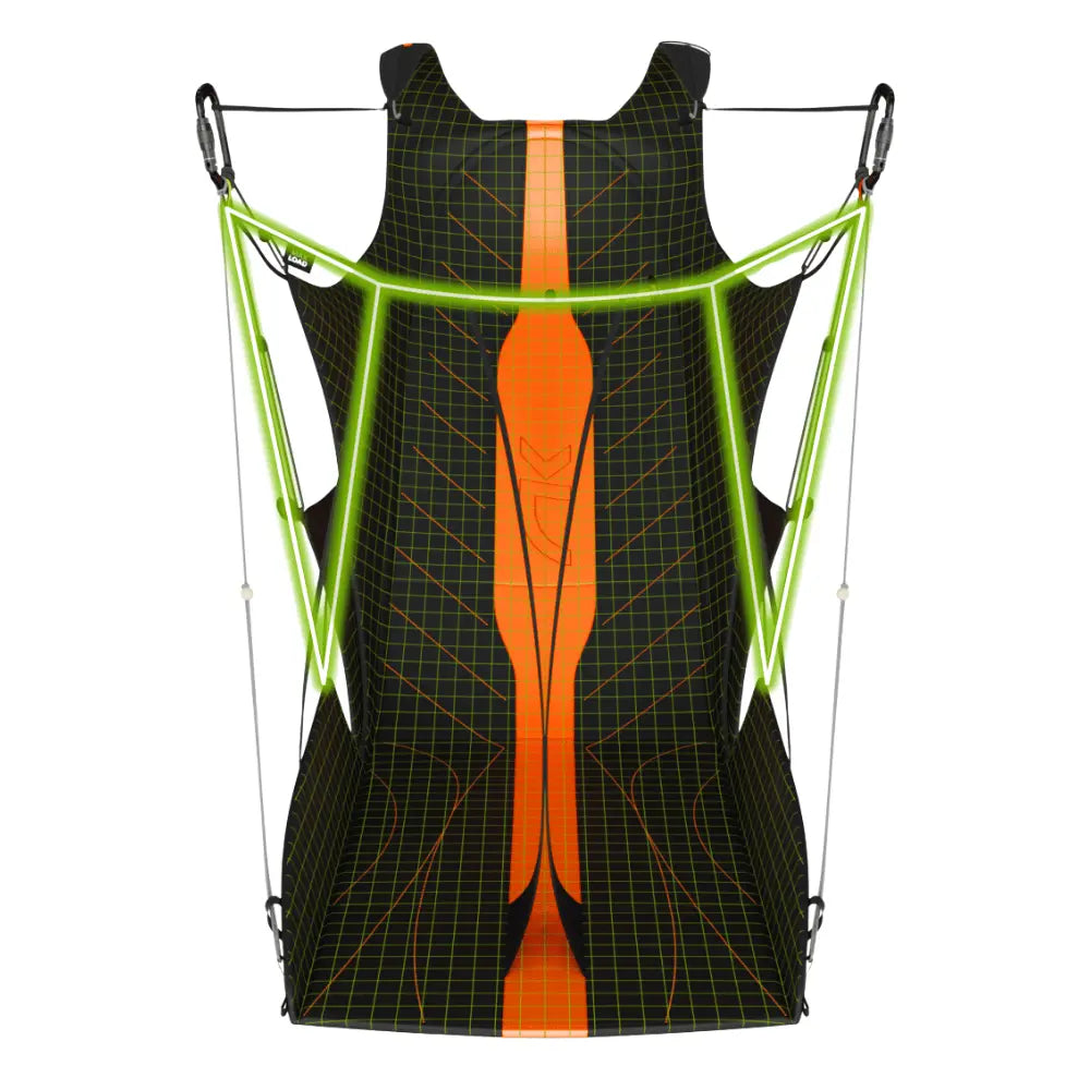 Niviuk Arrow P 2 - Ultraleicht Liegegurtzeug mit geformtem Sitz-Pod, grünen Seitenriemen, Karabinern für Flügelbefestigung, ideal für leistungsstarkes XC-Gleitschirmfliegen.