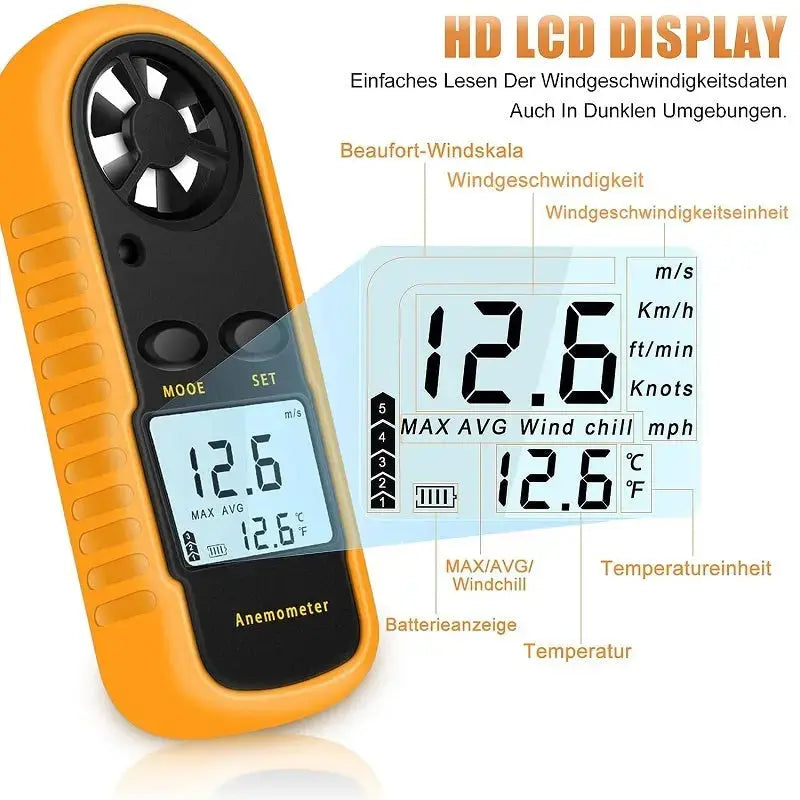 Digitaler Hand-Windmesser mit LCD-Anzeige, zur Messung von Windgeschwindigkeit und Temperatur, ideal für Gleitschirmfliegen, Segeln und Drohnenfliegen.