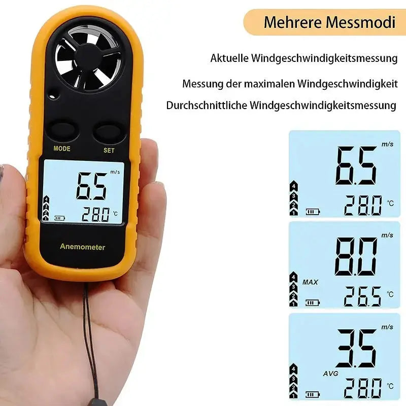 Hand-Windmesser Anemometer: Digitales Gerät zur Messung von Windgeschwindigkeit und Windchill, ideal für Gleitschirmfliegen, mit LCD-Anzeige und 6-Blatt-Windrad.