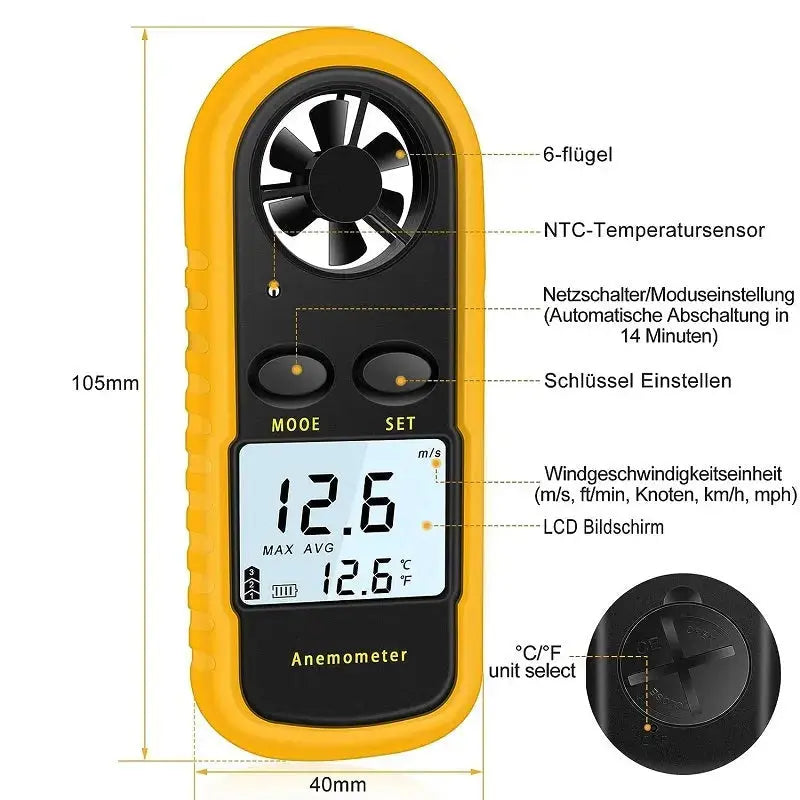 Hand-Windmesser/Anemometer mit LCD-Anzeige zur Messung von Windgeschwindigkeit, Temperatur und Windchill, ideal für Gleitschirmfliegen und andere Outdoor-Aktivitäten, Nahaufnahme des Geräts.