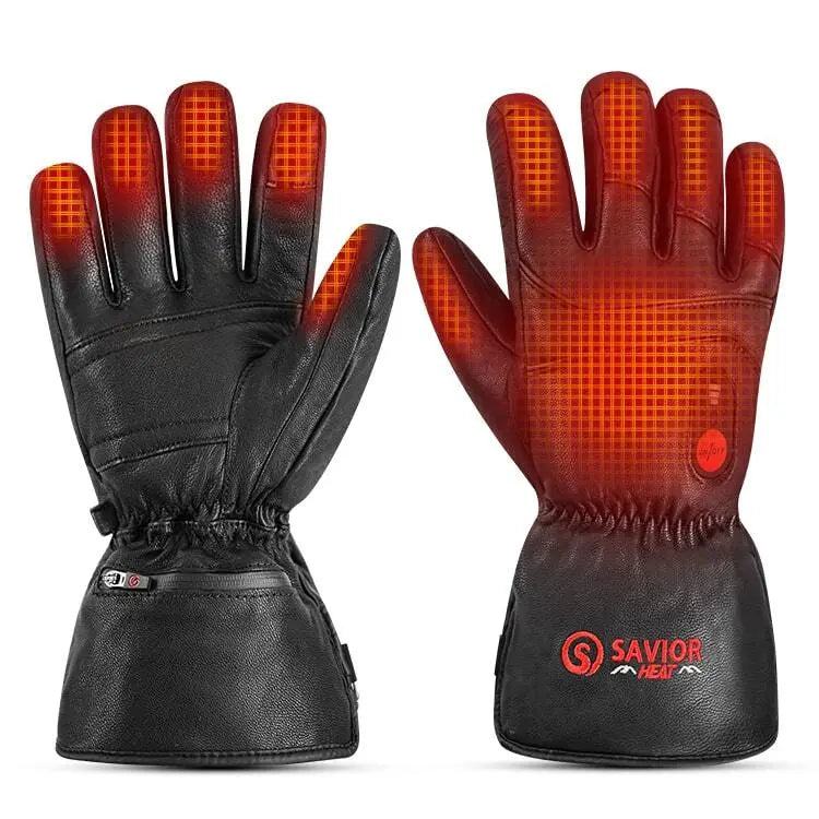 Savior HEAT Leder Heizhandschuh mit rotem Licht, bietet beheizte Finger- und Handrückenbereiche, ideal für kalte Outdoor-Aktivitäten. Hochwertiges Leder, atmungsaktiv und wasserfest.