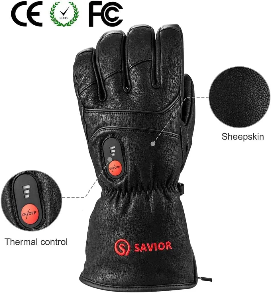Savior HEAT Leather Heizhandschuh: Schwarzer Lederhandschuh mit roten Knöpfen, bietet beheizbare Finger- und Handrückenbereiche. Ideal für Winteraktivitäten.