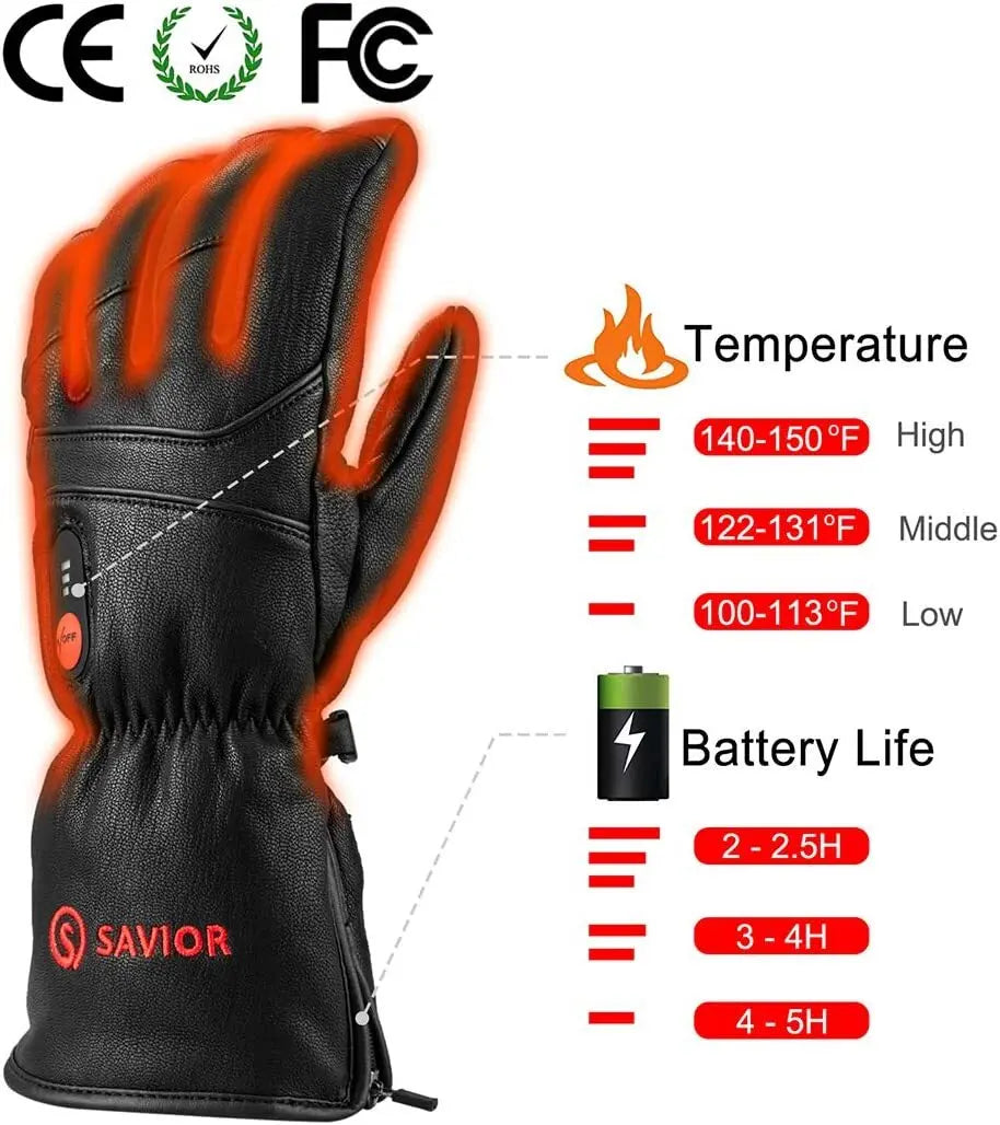 Savior HEAT Leder Heizhandschuh: Schwarzer Handschuh mit Heizelementen, ideal für kalte Bedingungen, atmungsaktiv und wasserdicht. Perfekt für Outdoor-Aktivitäten im Winter.
