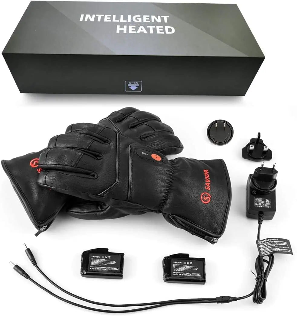 Savior HEAT Leder Heizhandschuh (Winter) mit Batterien und Ladegerät, bietet beheizte Finger und Handrücken für optimalen Kälteschutz beim Outdoor-Sport.