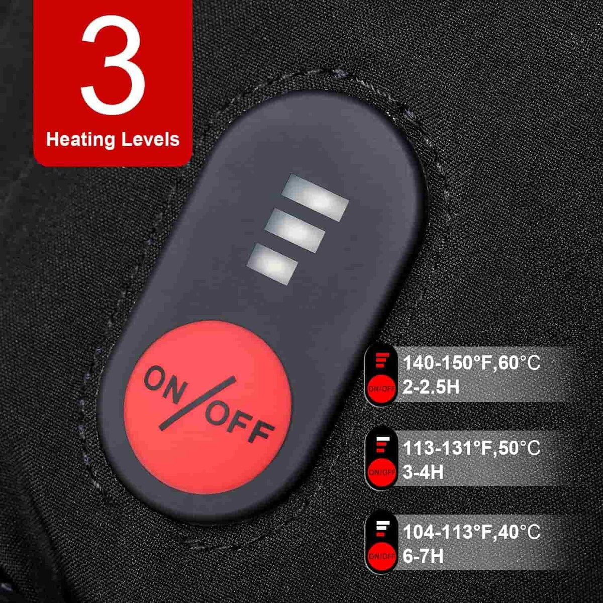 Savior HEAT Mitten Heizhandschuh, Nahaufnahme eines schwarzen Geräts mit rotem Knopf, hochwertige beheizbare Handschuhe für kalte Bedingungen, ideal für Gleitschirmfliegen.