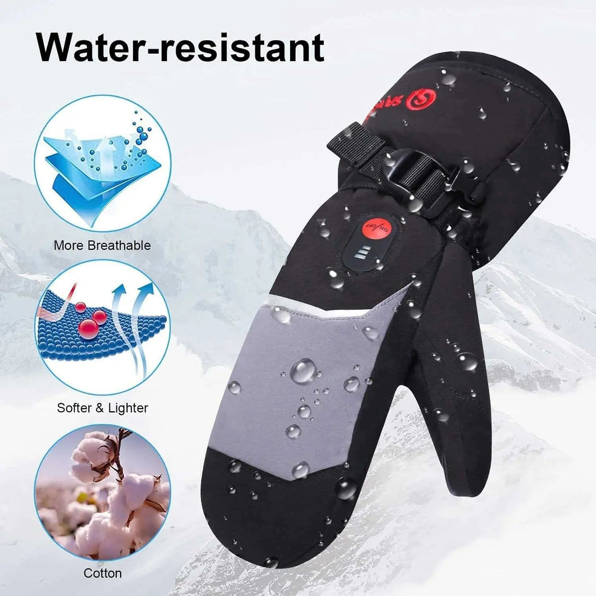 Savior HEAT Mitten Heizhandschuh (Winter), wasserdicht, atmungsaktiv, zeigt Symbole und Wassertropfen für Schutz und Funktionalität, ideal für kalte Bedingungen.