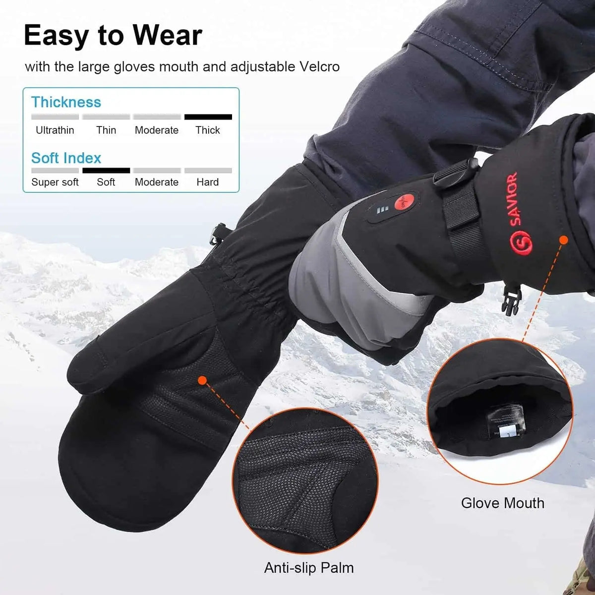 Savior HEAT Mitten Heizhandschuh auf einer Hand, fokussiert auf Details wie Heizelemente und wetterfestes Material, ideal für Winteraktivitäten.