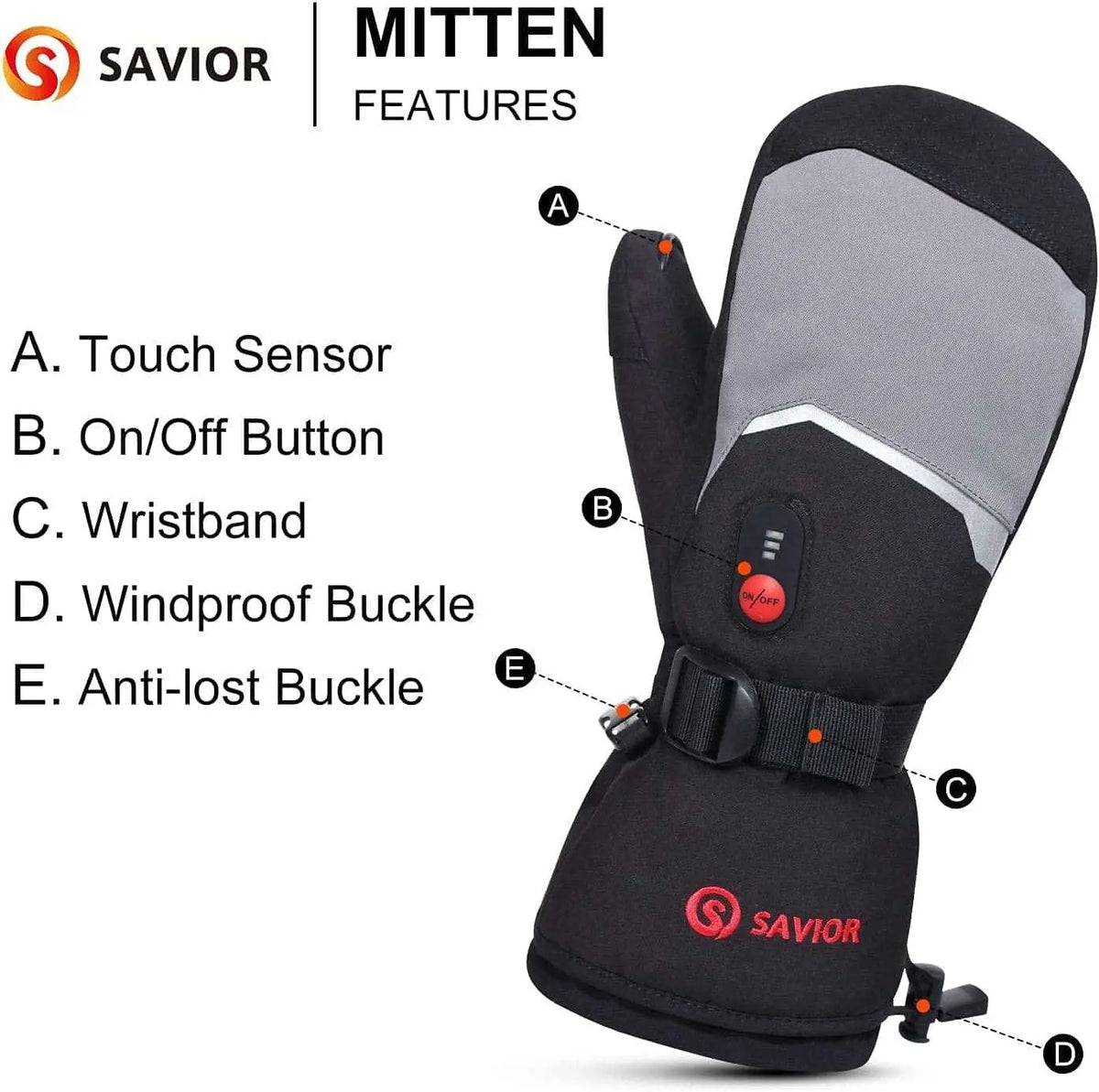 Savior HEAT Mitten Heizhandschuh, schwarz-grau mit rotem Knopf, bietet wasserdichte, beheizbare Funktion. Ideal für kalte Bedingungen und paragliding-tauglich.