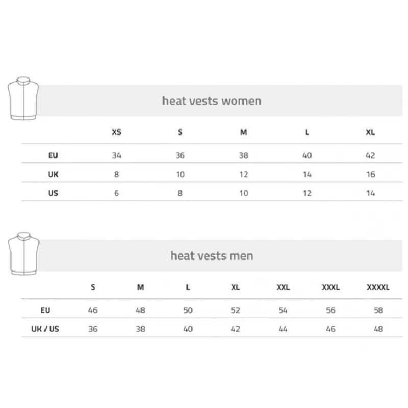 Lenz HEAT Vest 1.0 Diagramm mit Größentabelle und Heizfunktion. Ideal für flexible, windabweisende Wärme beim Gleitschirmfliegen.