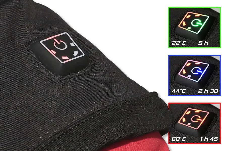Nahaufnahme des Charly Polarheat Light Heizhandschuhs (Frühling) mit sichtbarem Power-Button und robustem Design, ideal für Paragliding und Outdoor-Aktivitäten im Frühling.