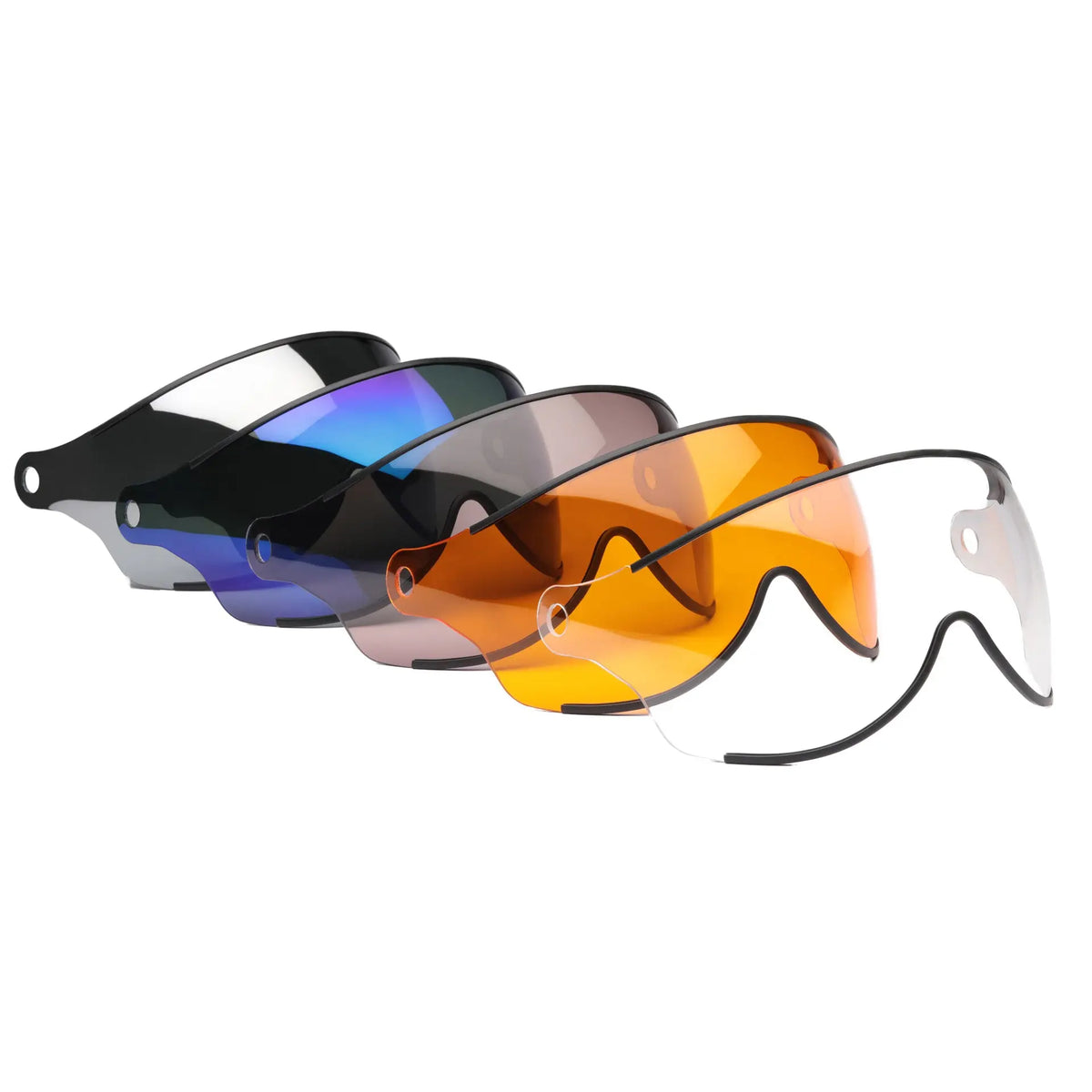 Fünf Ersatzvisiere für Icaro Eco / Nevo Helme in verschiedenen Farben: schwarz, blau verspiegelt, grau, orange und klar. Klare Sicht und Schutz.