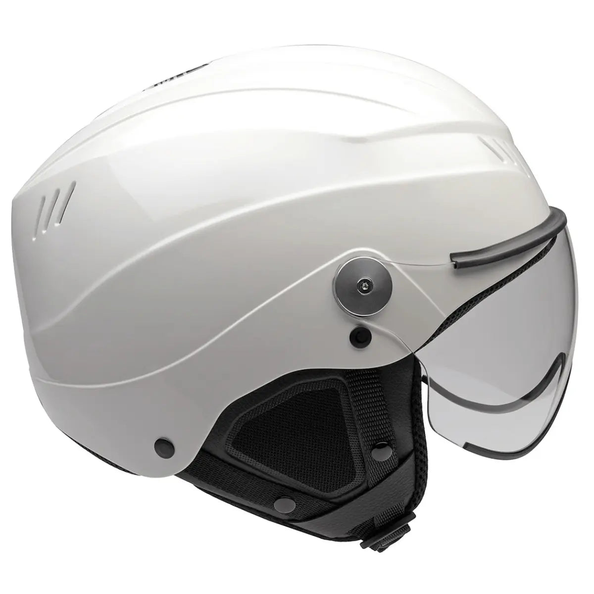 Icaro Eco Flughelm: weißer, glänzender Helm mit integriertem Visier und Belüftungsschlitzen.