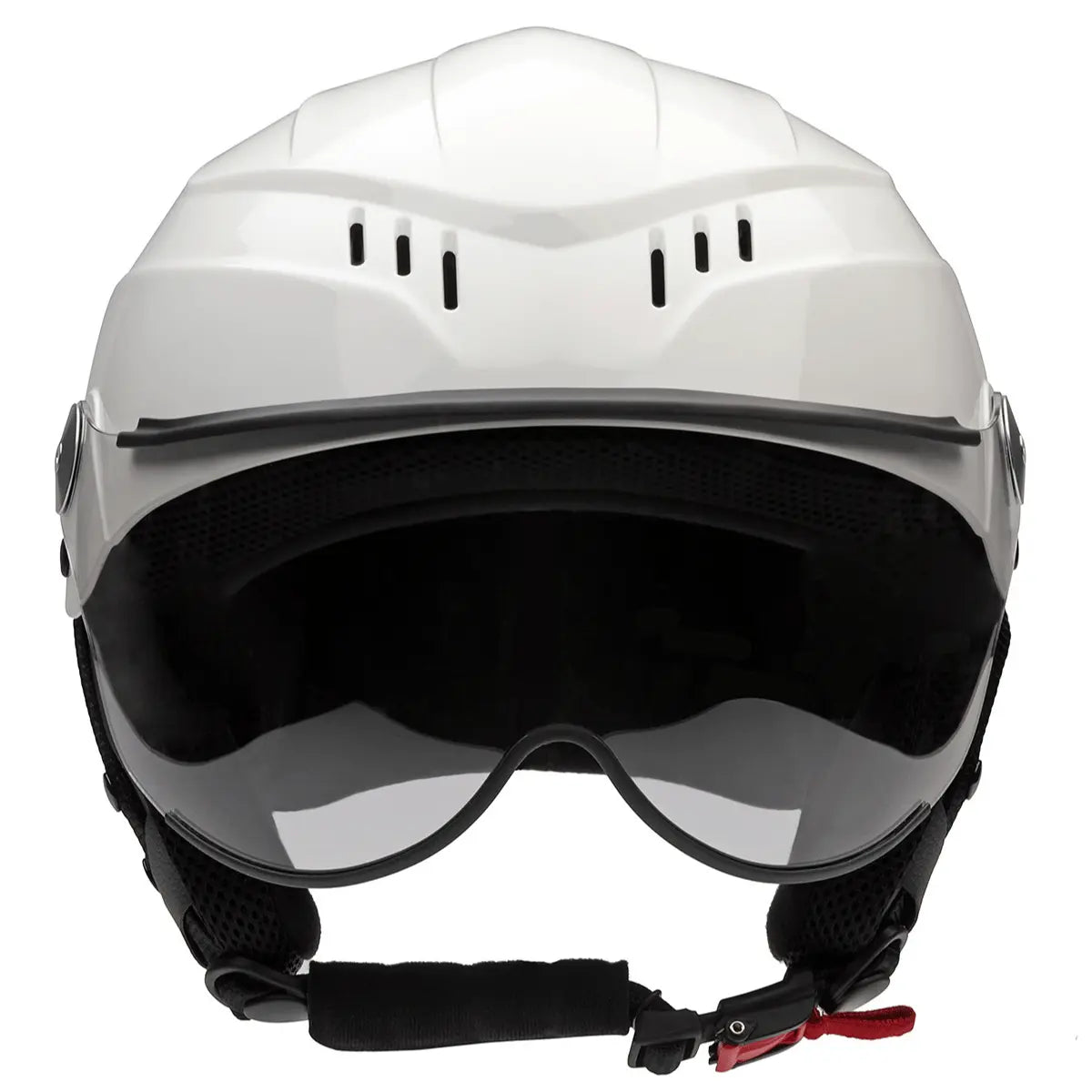 Weißer Icaro Eco Flughelm mit integriertem Visier und Belüftungsschlitzen, moderner Look für Piloten.