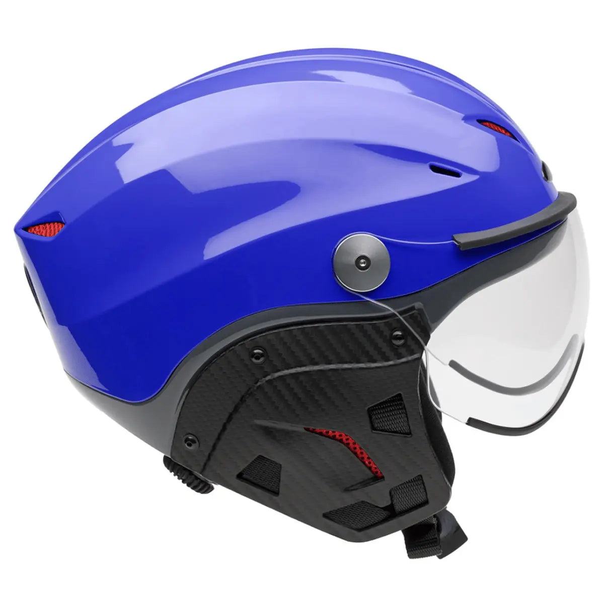 Blauer High-Class Helm aus glänzendem Kunststoff mit integriertem Visier, Carbon-Akzenten und roten Details, isoliert auf weißem Hintergrund.