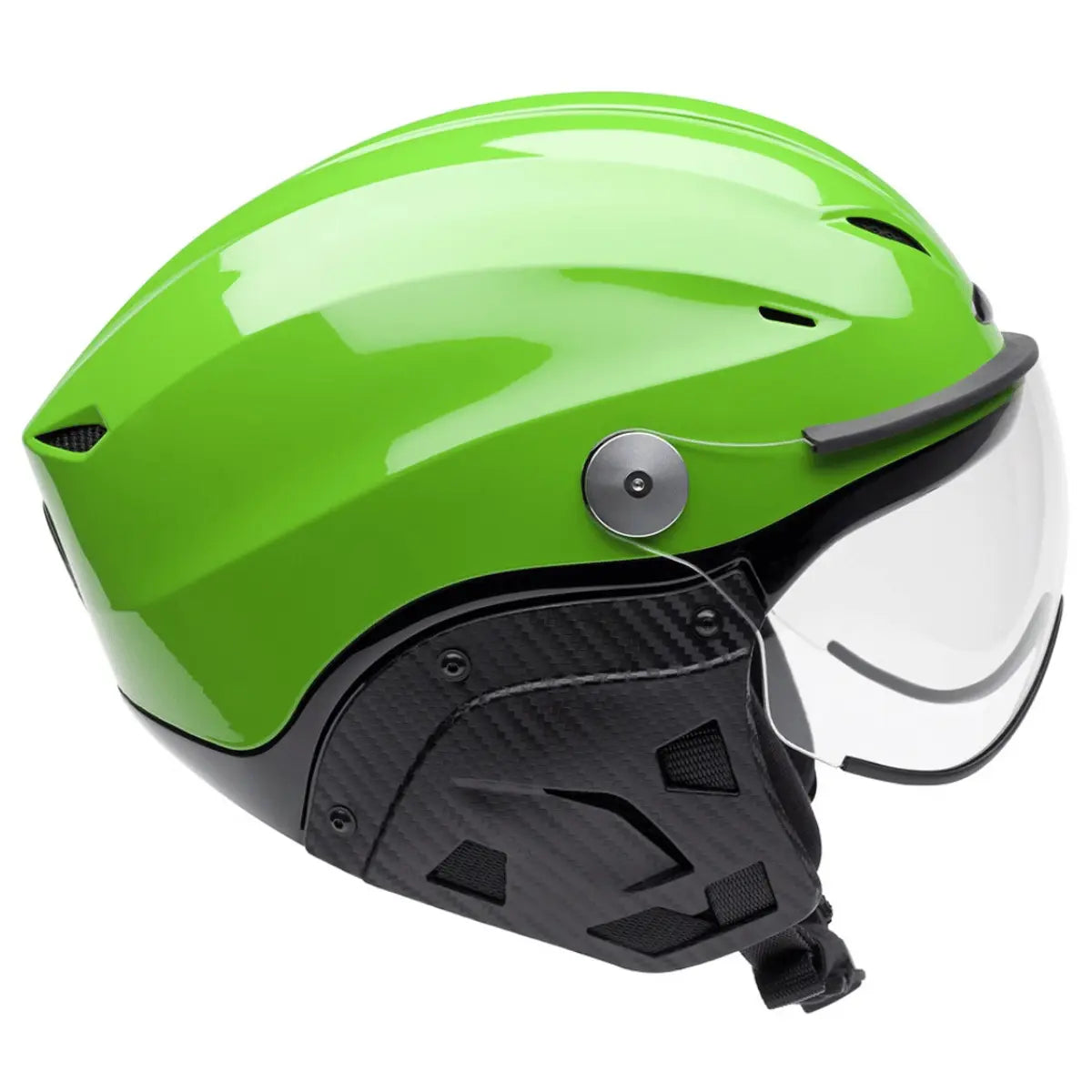 Leichtgrüner, aerodynamischer Helm mit Visier und Schwarzen Akzenten, ideal für den Flug.