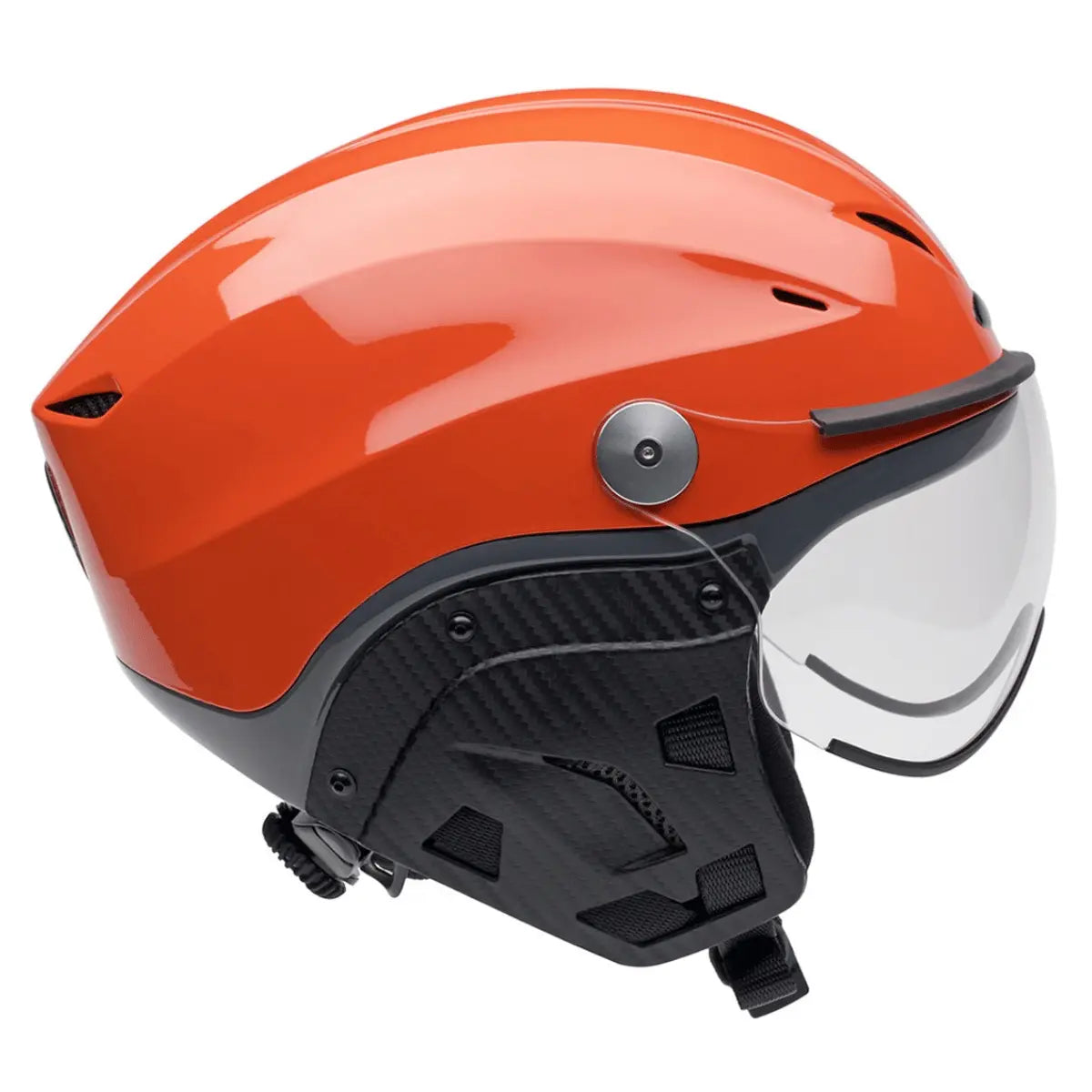 Hochwertiger orangefarbener Icaro Nevo Flughelm mit Visier und schwarzen Akzenten, aerodynamisches Design für den Gleitschirmsport.
