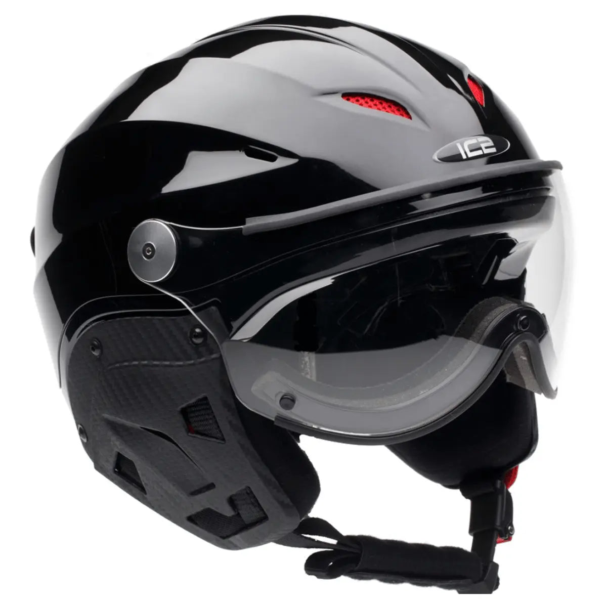 Glänzender schwarzer Gleitschirmhelm mit integrierter Visier und roten Belüftungsöffnungen, Modell Icaro Nevo.