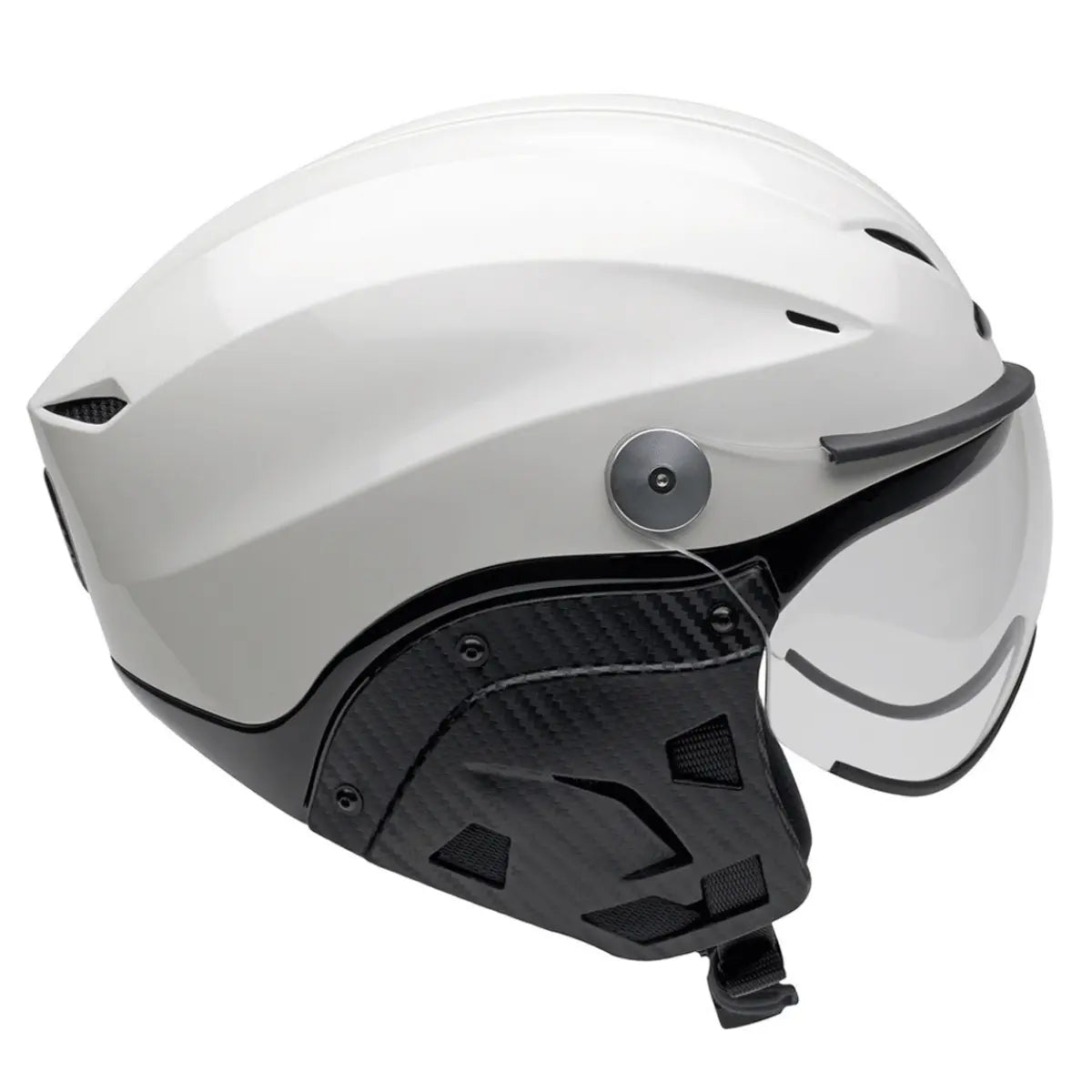 Hochwertiger weißer Helm mit integrierter Visier und schwarzen Akzenten, ideal für anspruchsvolle Flugbedingungen.