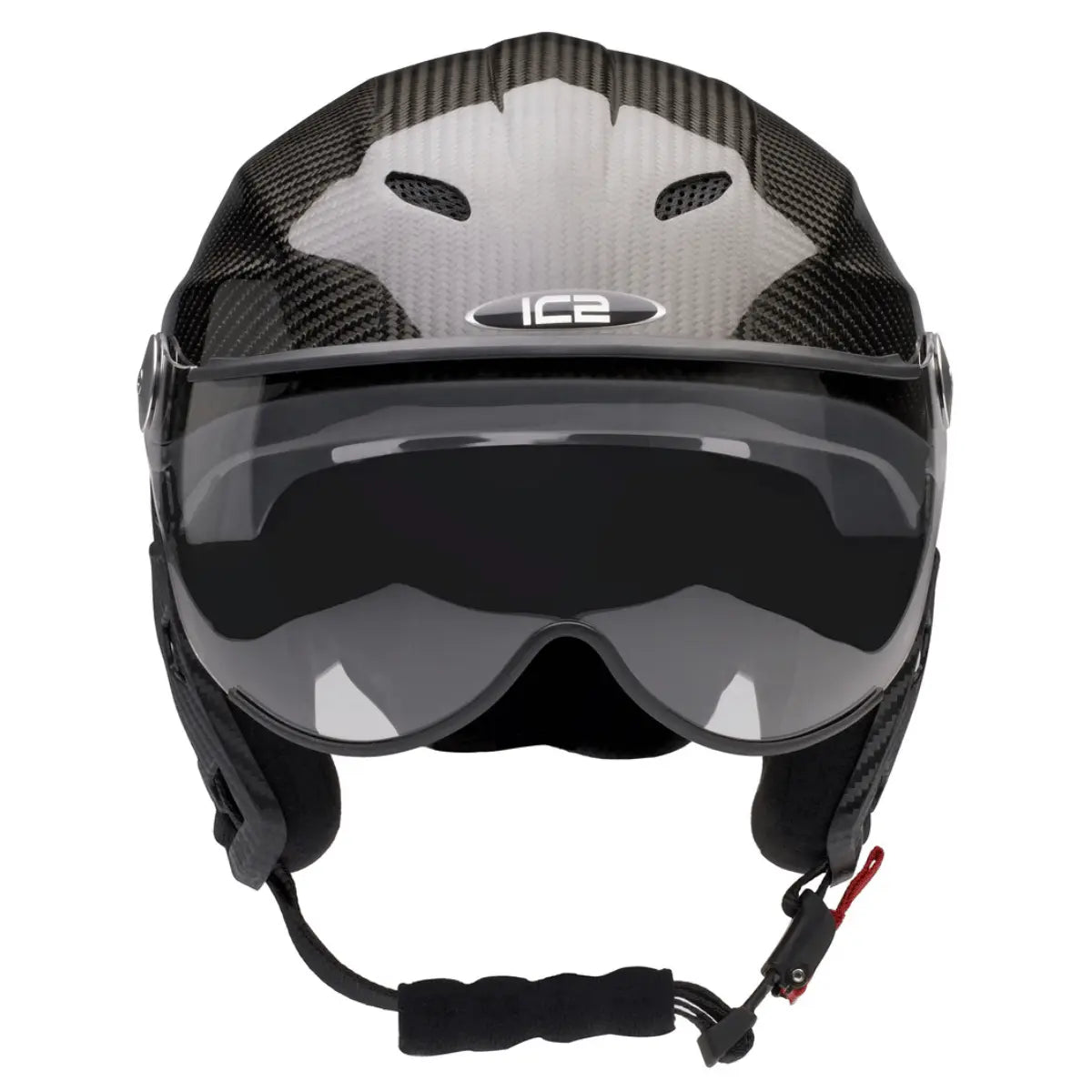 Exklusiver Vollcarbon-Flughelm Icaro Nevo mit integriertem Visier und stilvoller Carbon-Oberfläche.